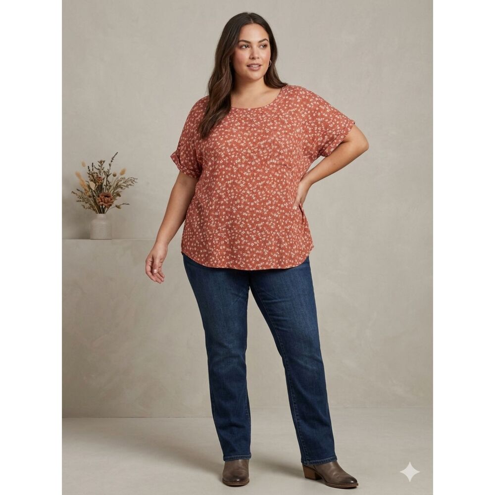 Buffalo David Bitton Blouse Salmon Floral Short Sleeve XXL 2X